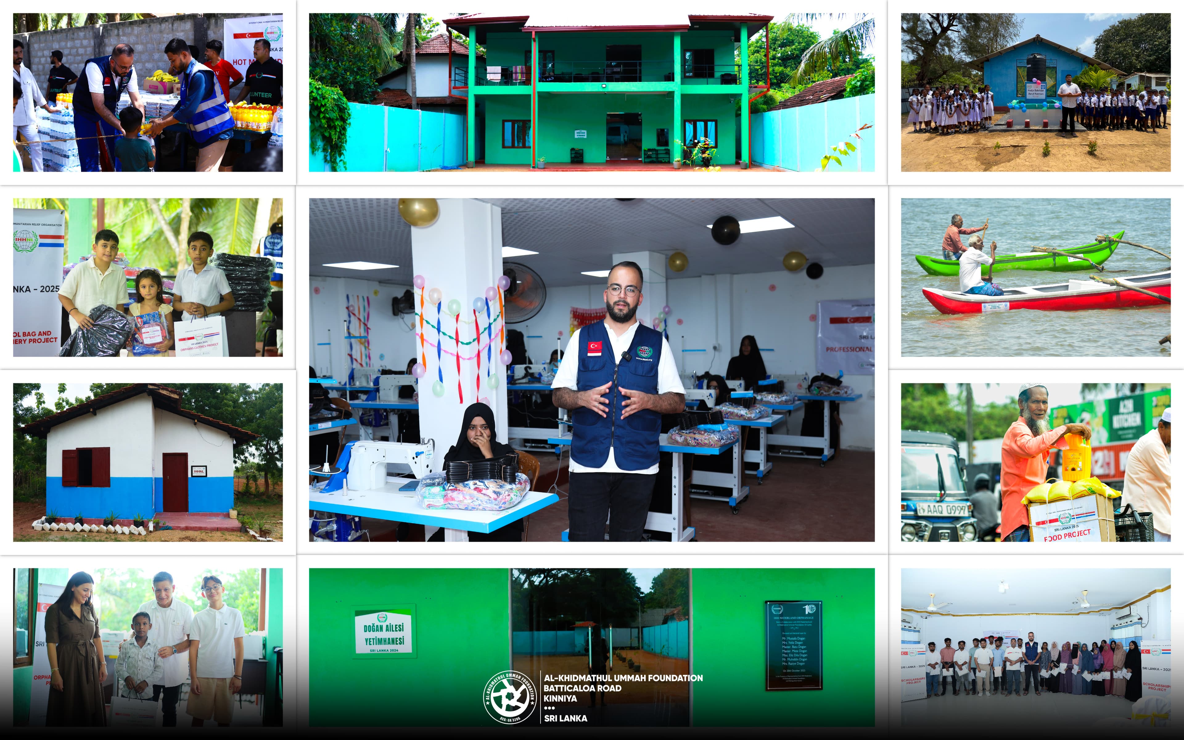 A montage of Al-Khidmathul Ummah Foundation's work across Sri Lanka, relief distributions, schools, housing, livelihoods and water projects